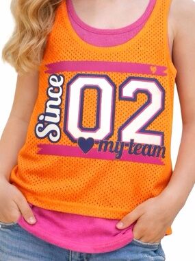 Girls Layered Tank Size Medium  7-8 Mesh Athletic Style “Since 02 My Team”